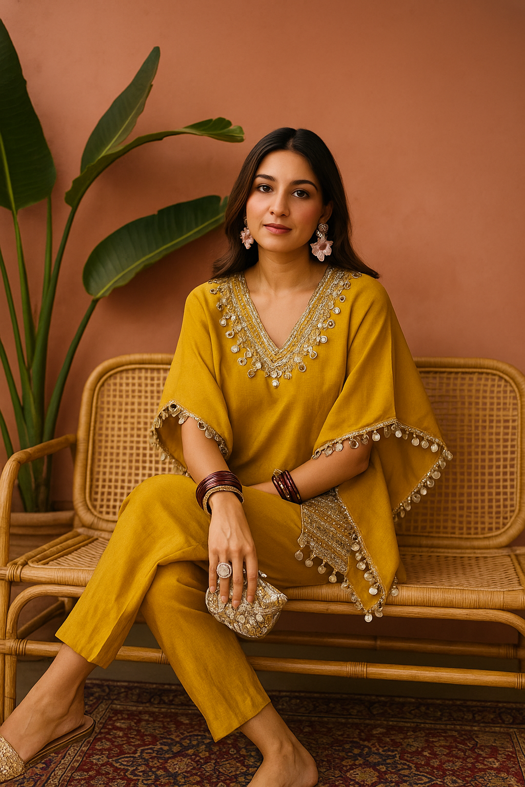Mustard Yellow Kaftan Silk Cord Set