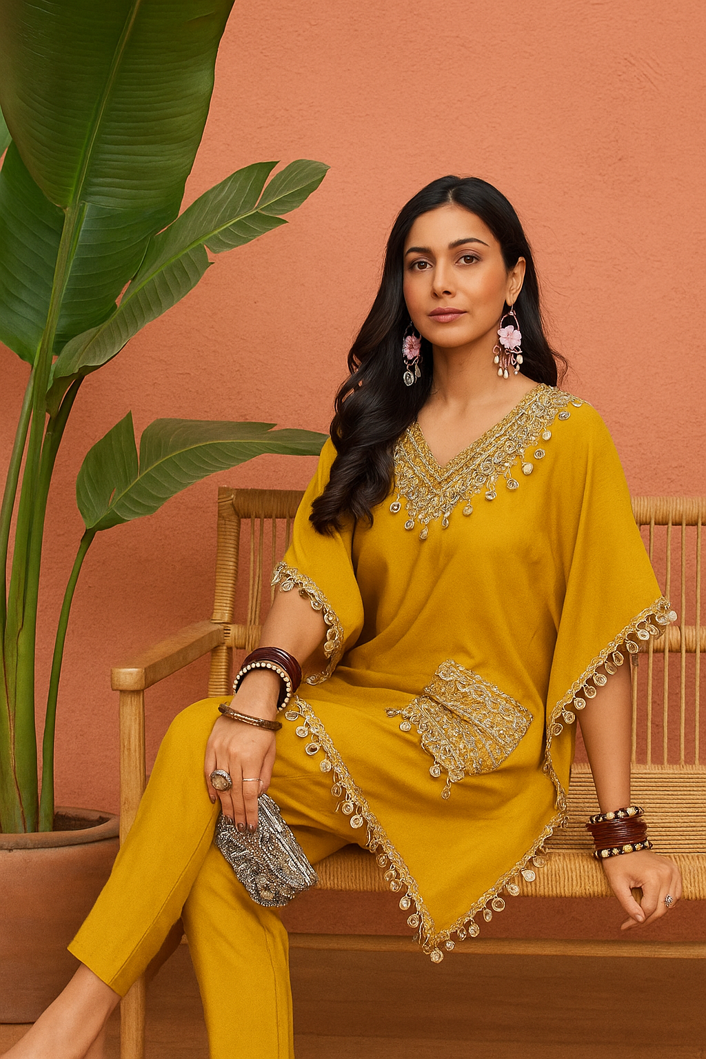 Mustard Yellow Kaftan Silk Cord Set