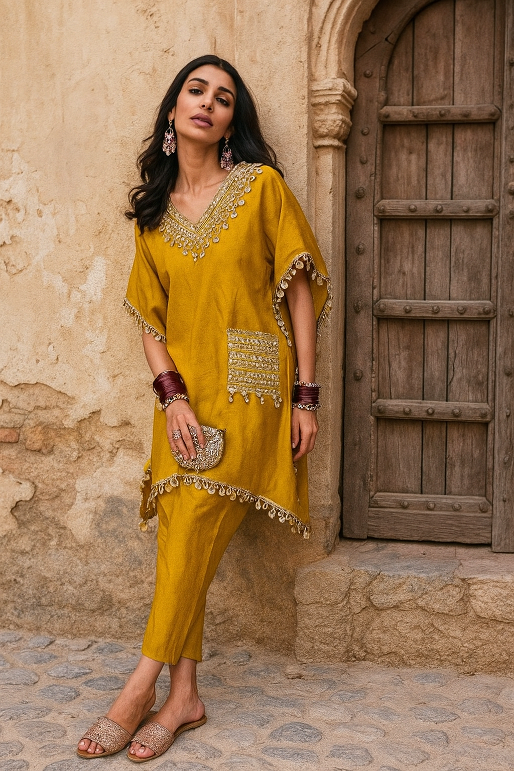 Mustard Yellow Kaftan Silk Cord Set