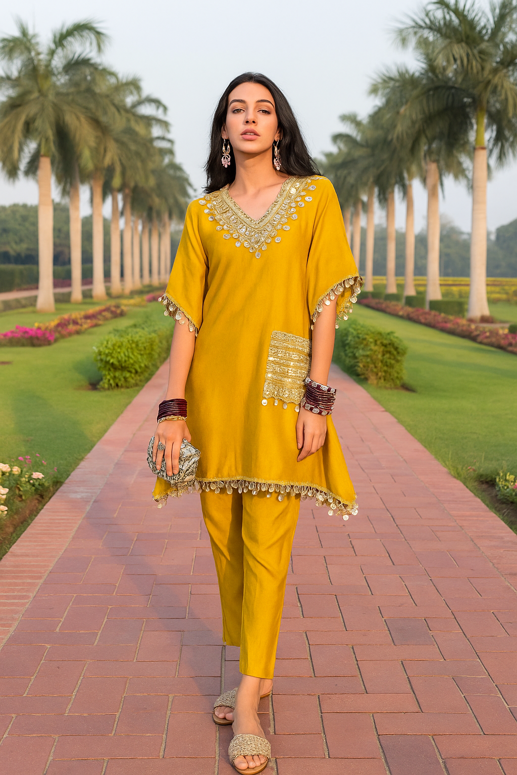 Mustard Yellow Kaftan Silk Cord Set