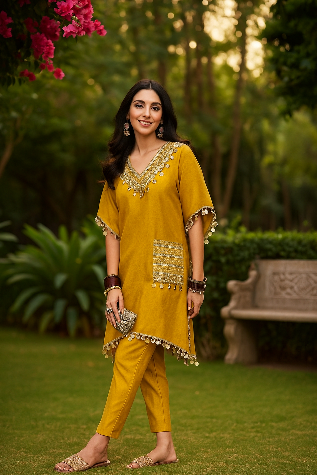 Mustard Yellow Kaftan Silk Cord Set