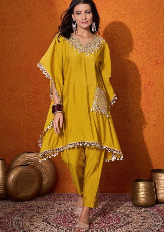 Mustard Yellow Kaftan Silk Cord Set