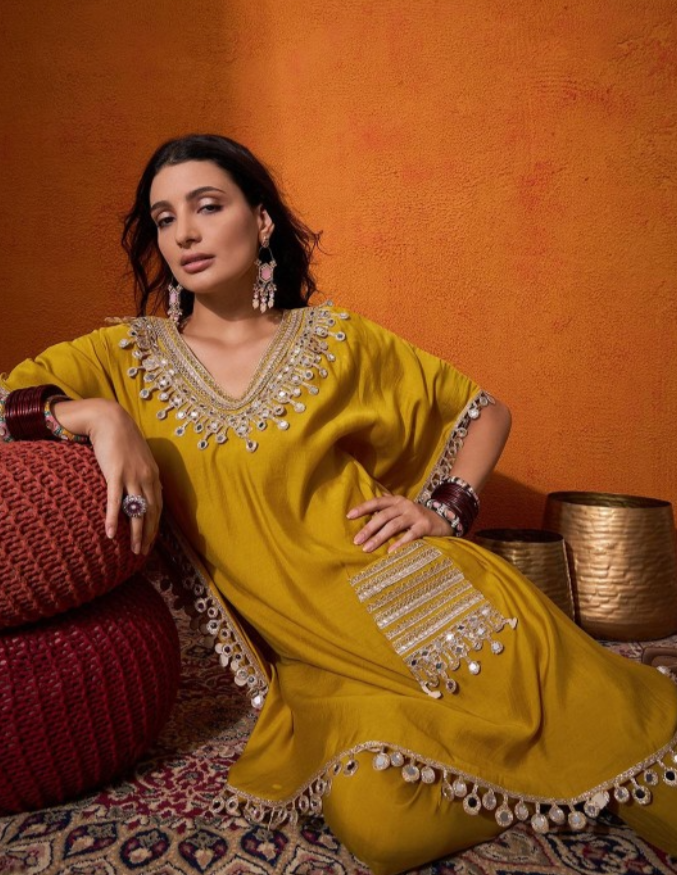 Mustard Yellow Kaftan Silk Cord Set