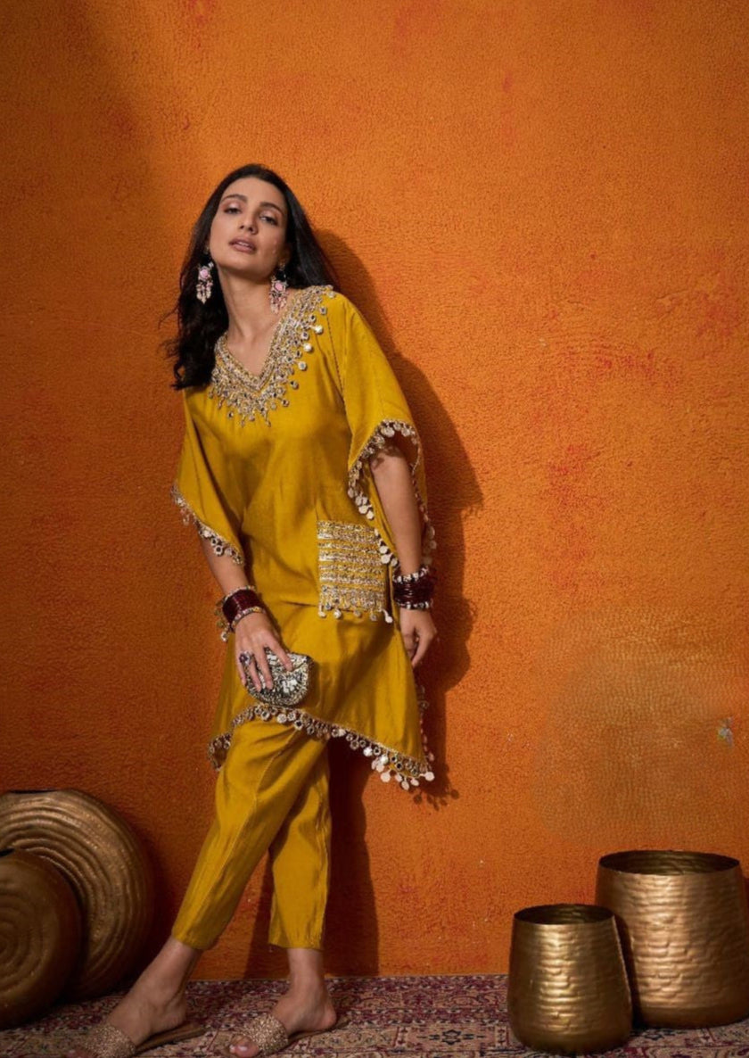 Mustard Yellow Kaftan Silk Cord Set