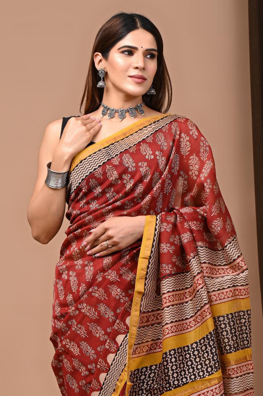 Chanderi Silk Hand Block Printed Saree