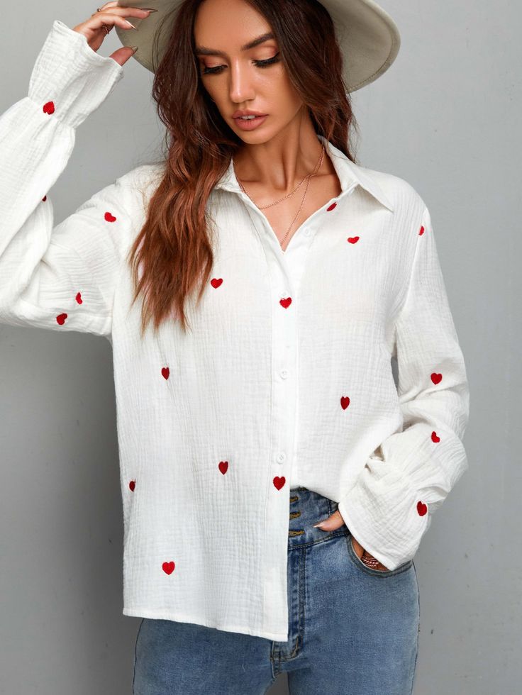 Heart Embroidered Cotton White  Shirt