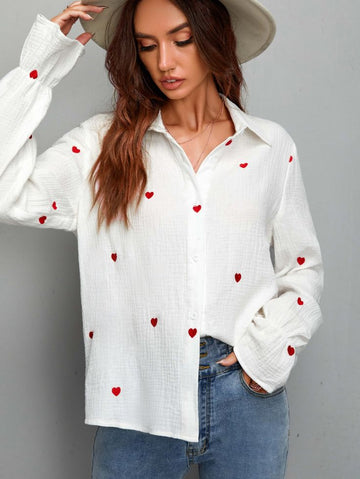 Heart Embroidered Cotton White  Shirt