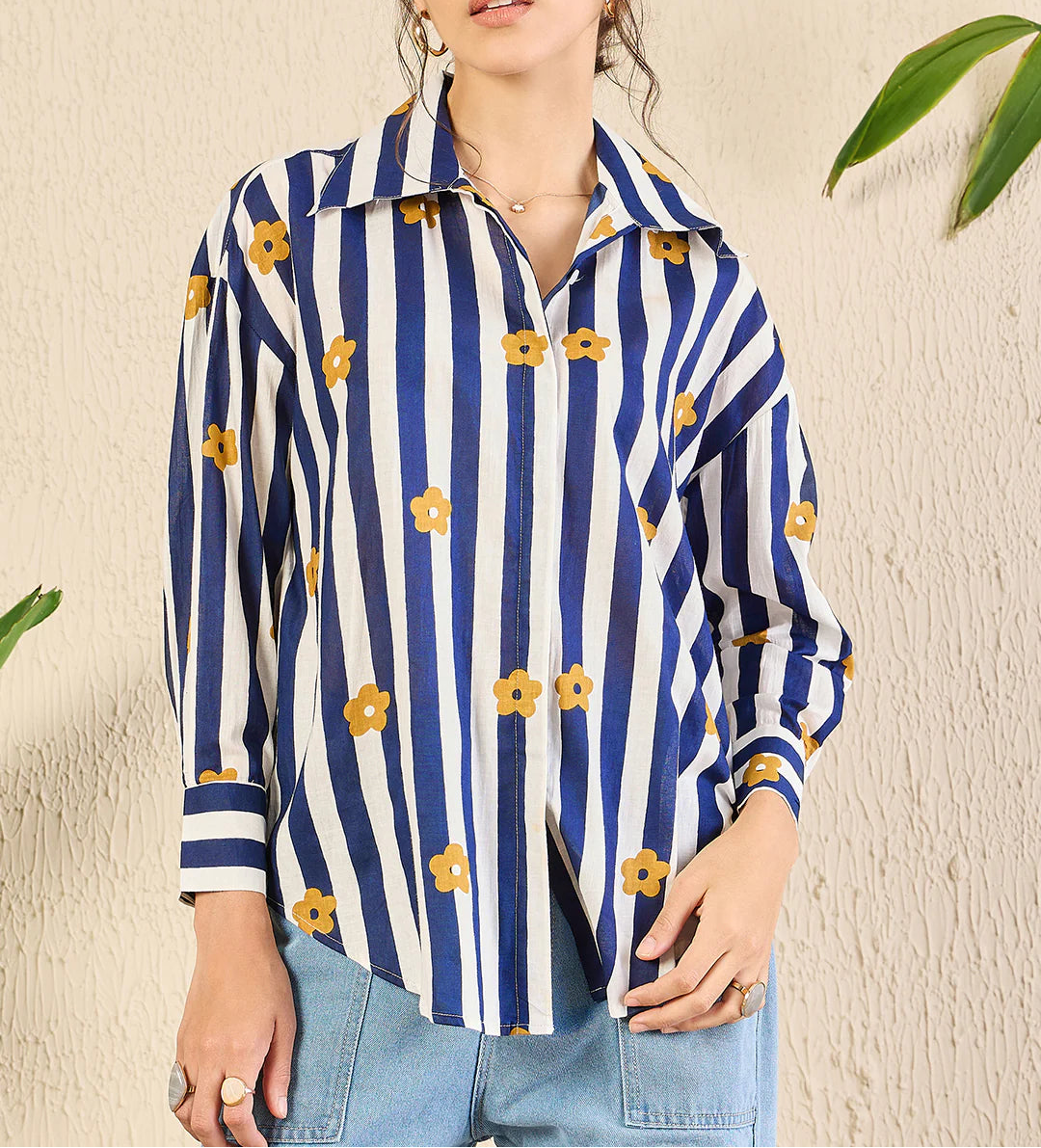 Blue Printed Asymmetrical Cotton Shirt