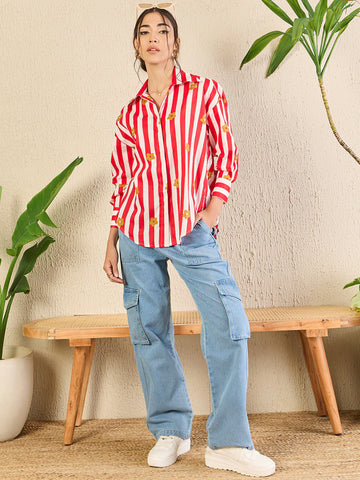 Pink Printed Asymmetrical Cotton Shirt