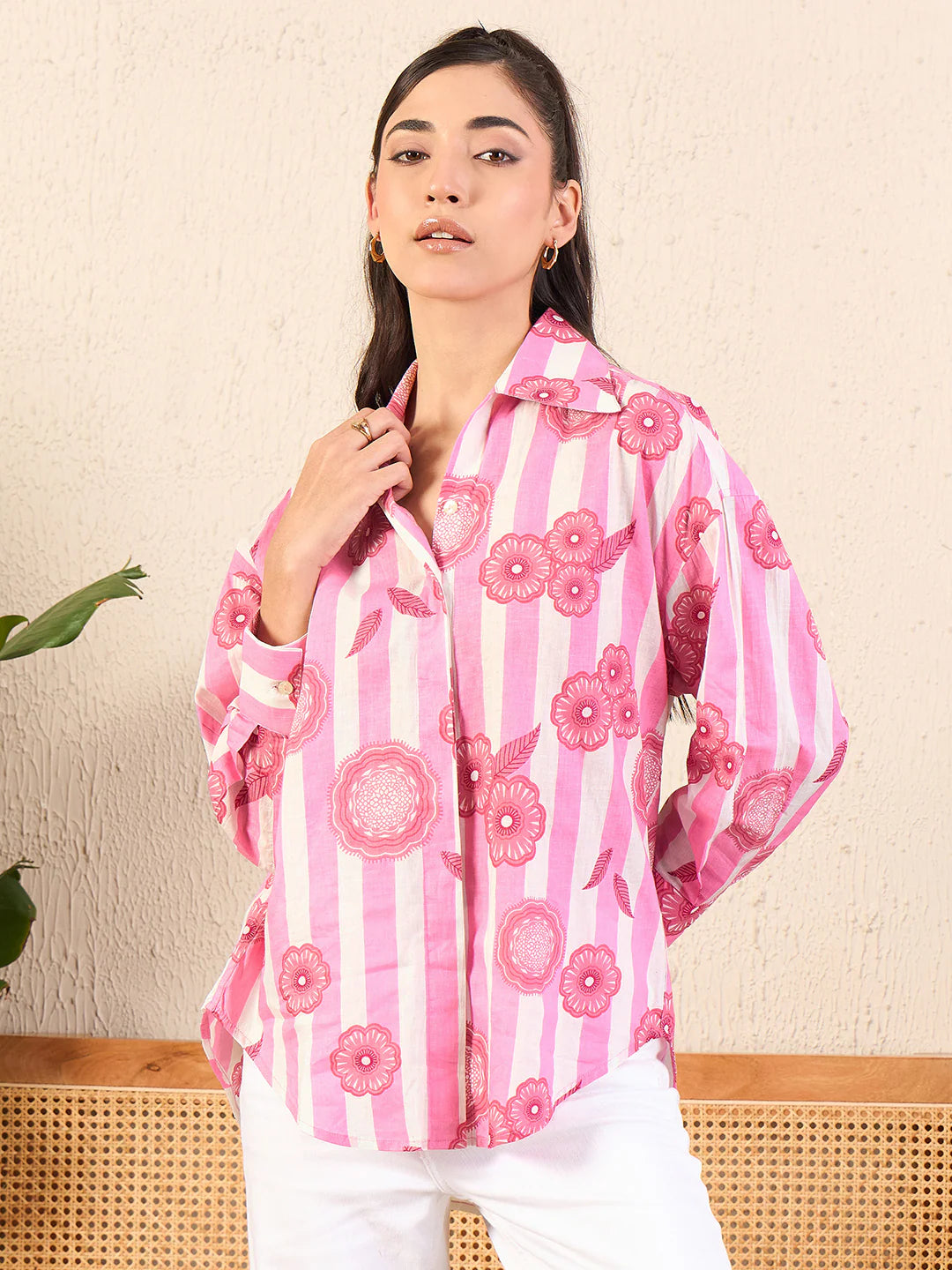 Pink Flower Printed Asymmetrical Cotton Shirt