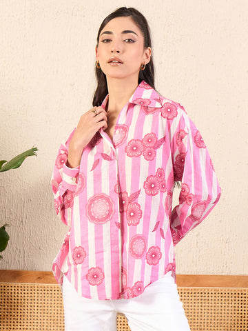 Pink Flower Printed Asymmetrical Cotton Shirt