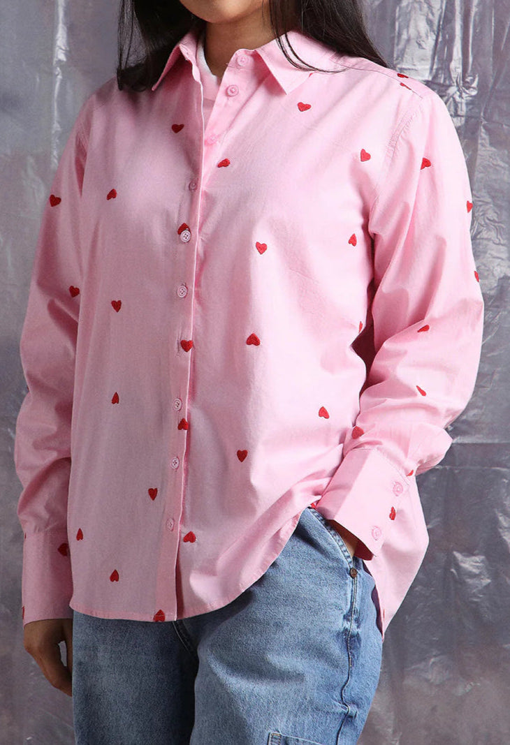 Heart Embroidered Cotton Pink Shirt