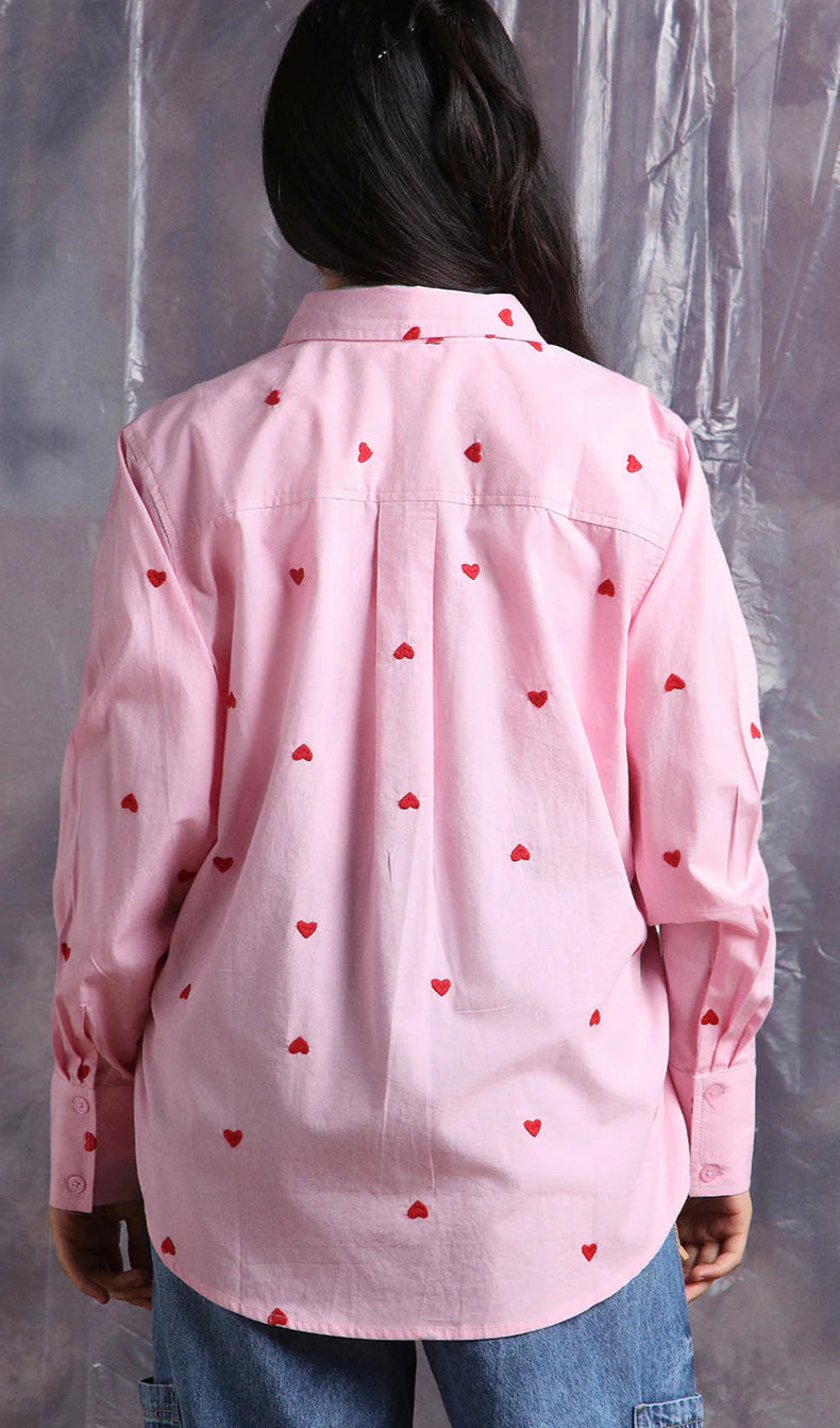Heart Embroidered Cotton Pink Shirt