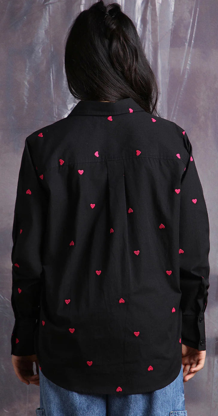 Heart Embroidered Cotton Black Shirt