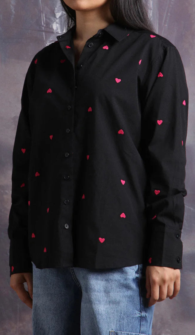 Heart Embroidered Cotton Black Shirt
