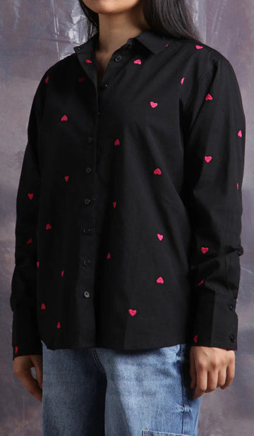 Heart Embroidered Cotton Black Shirt