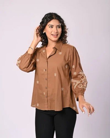 Brown Embroidered Cotton stylish Shirt