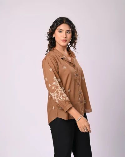 Brown Embroidered Cotton stylish Shirt