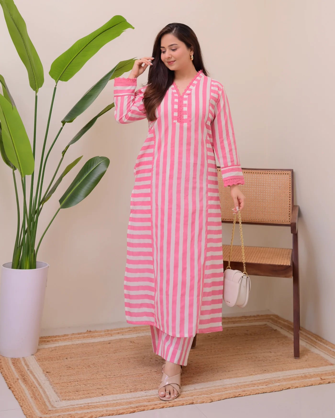 Pink Striped Kurta Sets