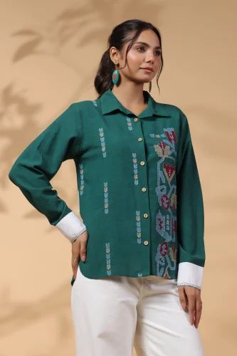 Elegant Green  Embroidered Cotton Shirt