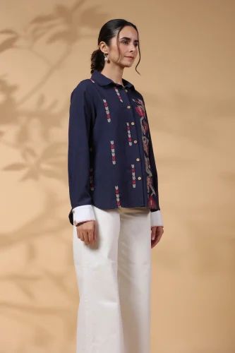 Elegant Navy Blue  Embroidered Cotton Shirt