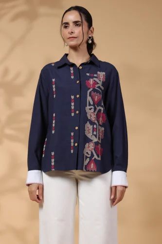 Elegant Navy Blue  Embroidered Cotton Shirt