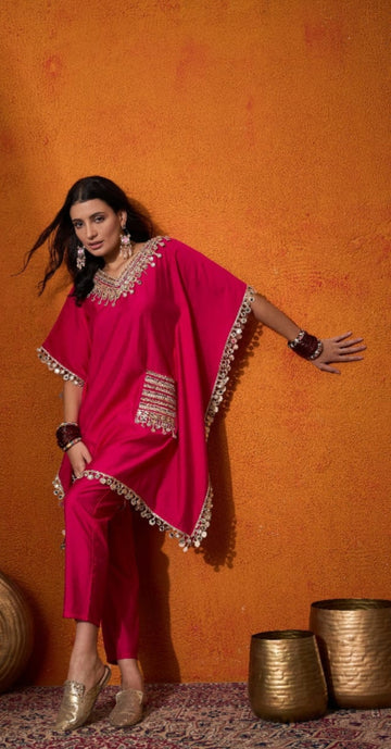 Hot Pink Mirror Work Kaftan Silk Cord Set