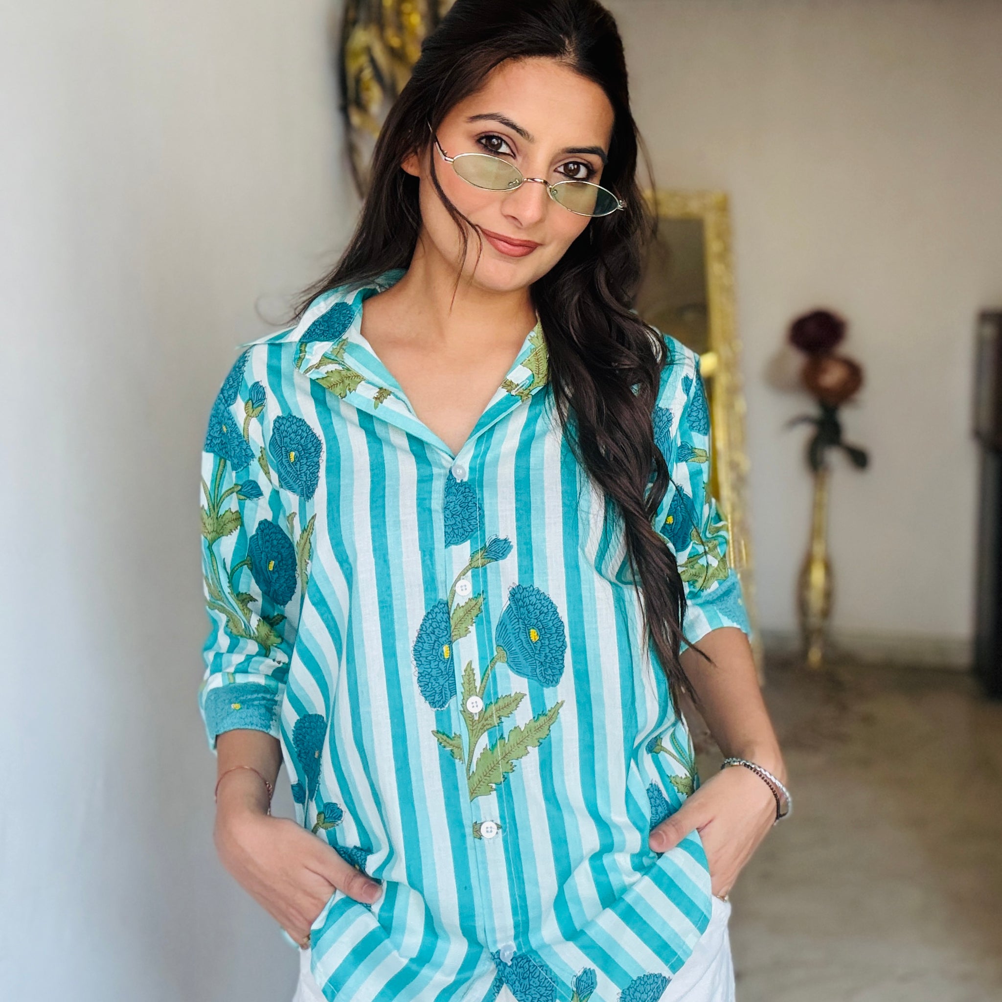 Blue Striped Cotton Floral Print Shirt