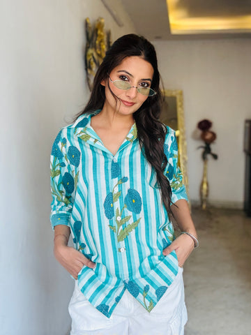 Blue Striped Cotton Floral Print Shirt
