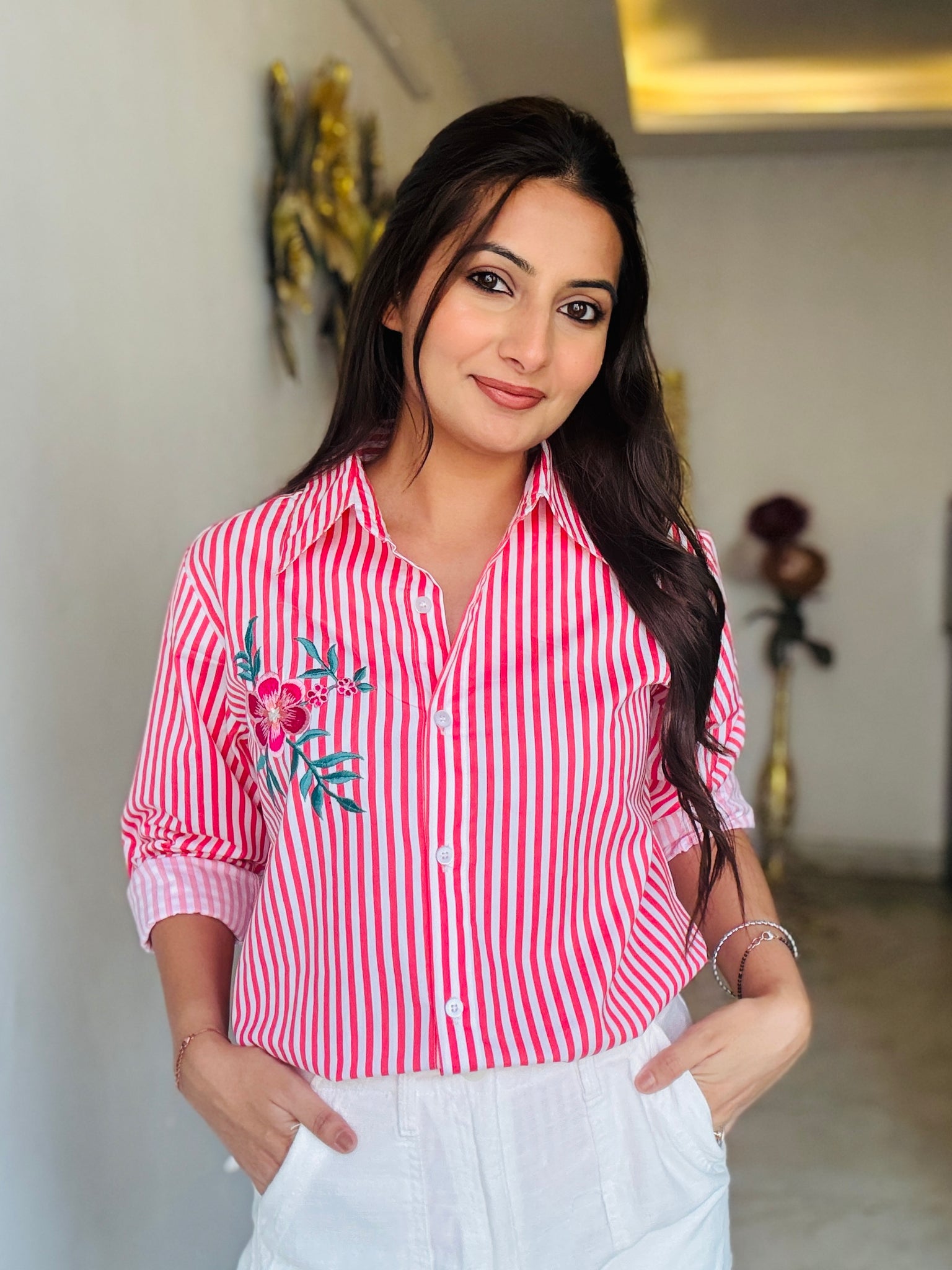 Pink Striped Embroidered Cotton Shirt