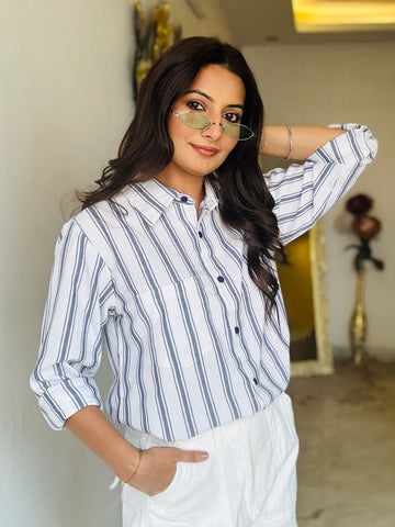 White with Blue Striped Cotton Shirt