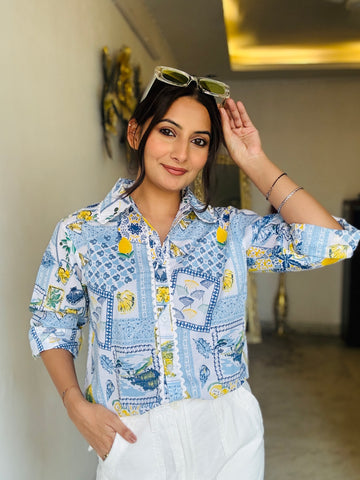 White Printed Cotton Shirt with Lace Detailing