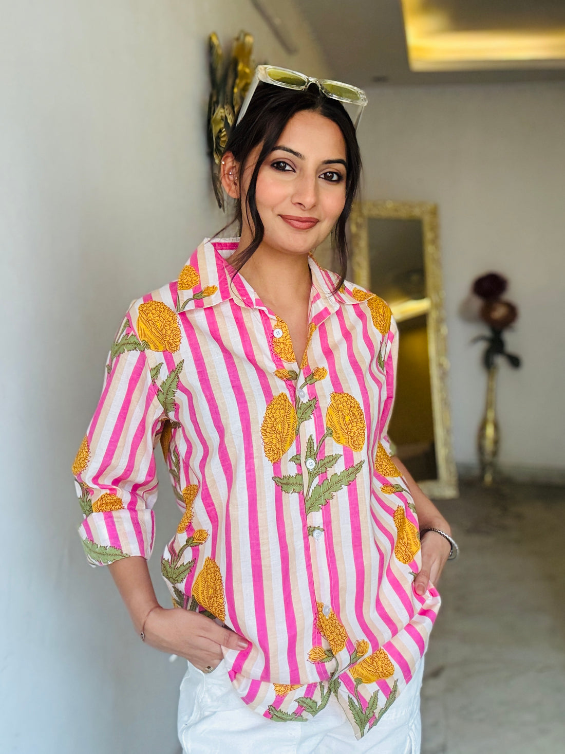 Blue Striped Cotton Floral Print Shirt