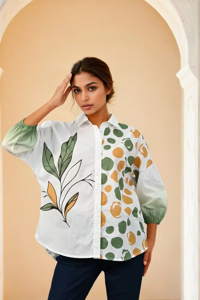 White & Green Printed Cotton Shirt