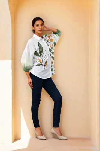 White & Green Printed Cotton Shirt