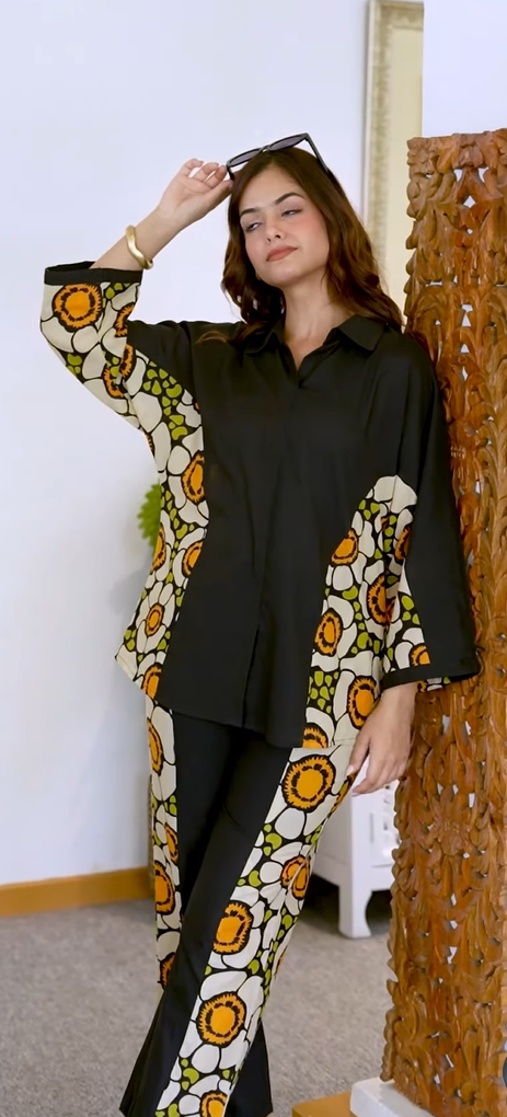 Black Cotton Printed Cord Set