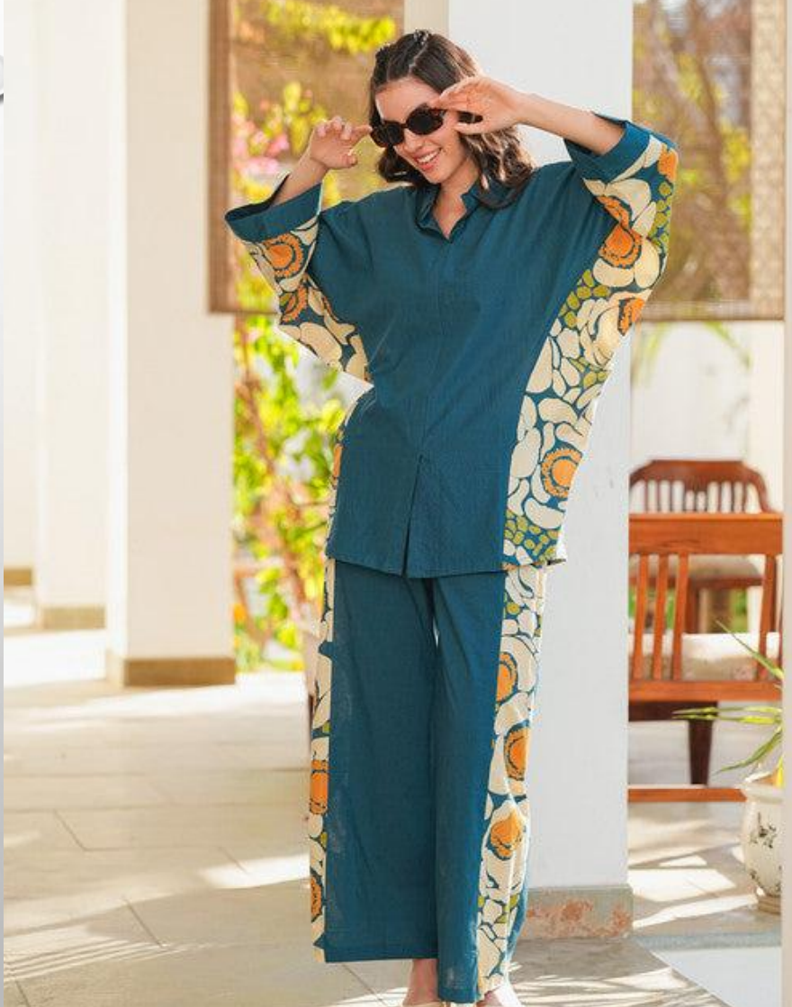 Teal Blue Cotton Printed Cord Set