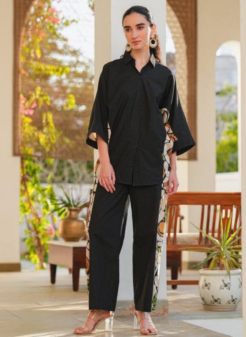 Black Cotton Printed Cord Set