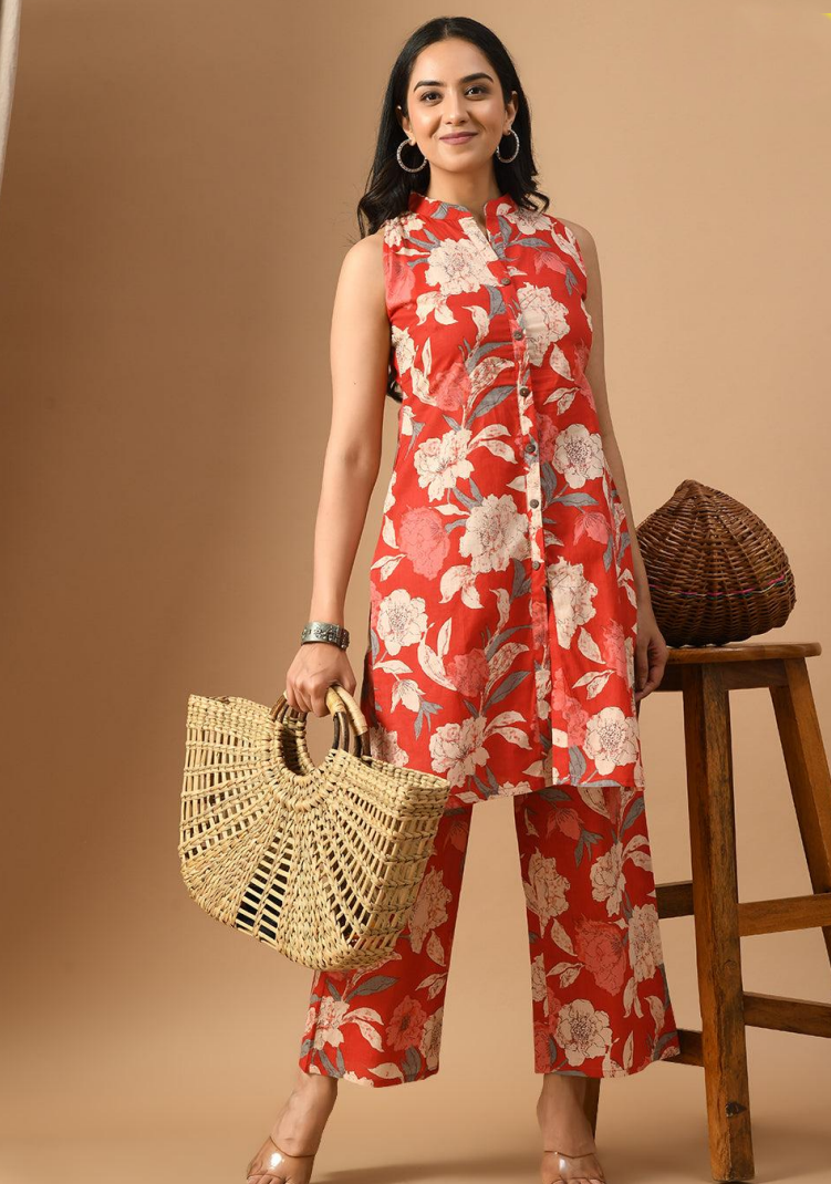 Floral Printed Regular Pure Cotton Cord Set