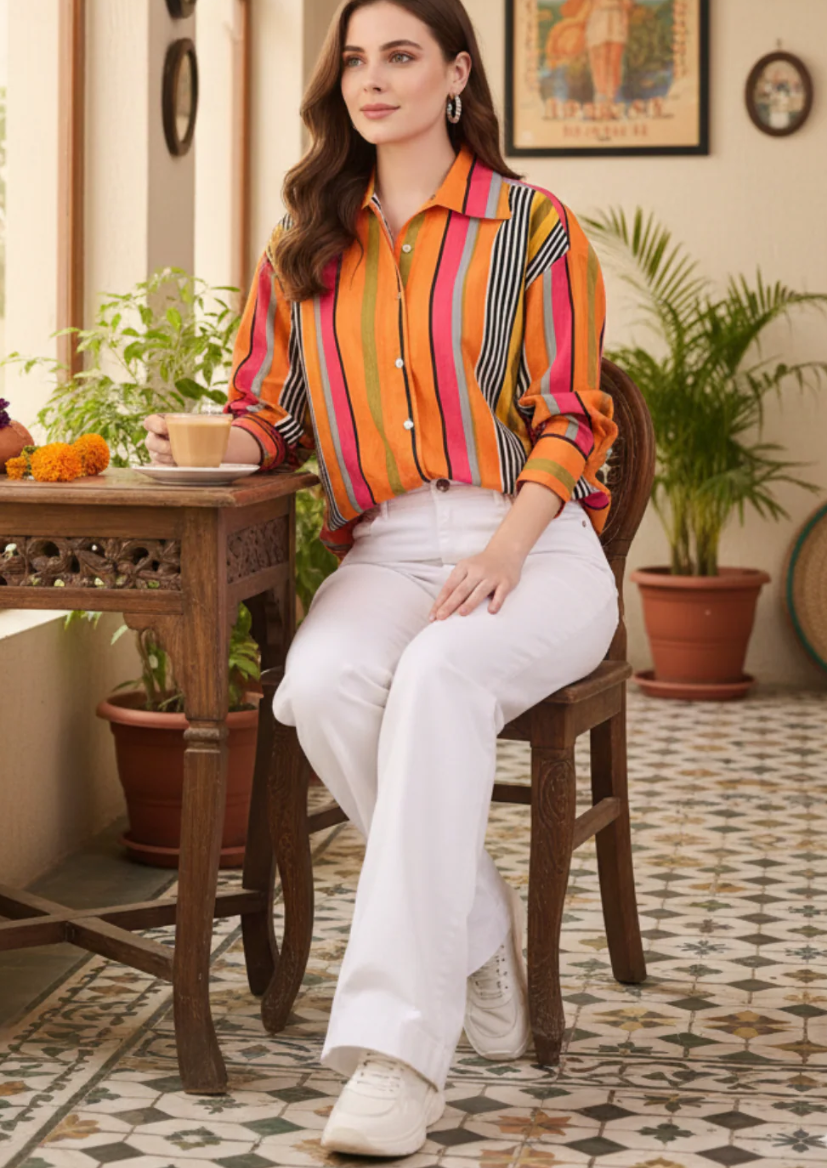 Multi-Coloured Stripe Asymmetrical Cotton Shirt