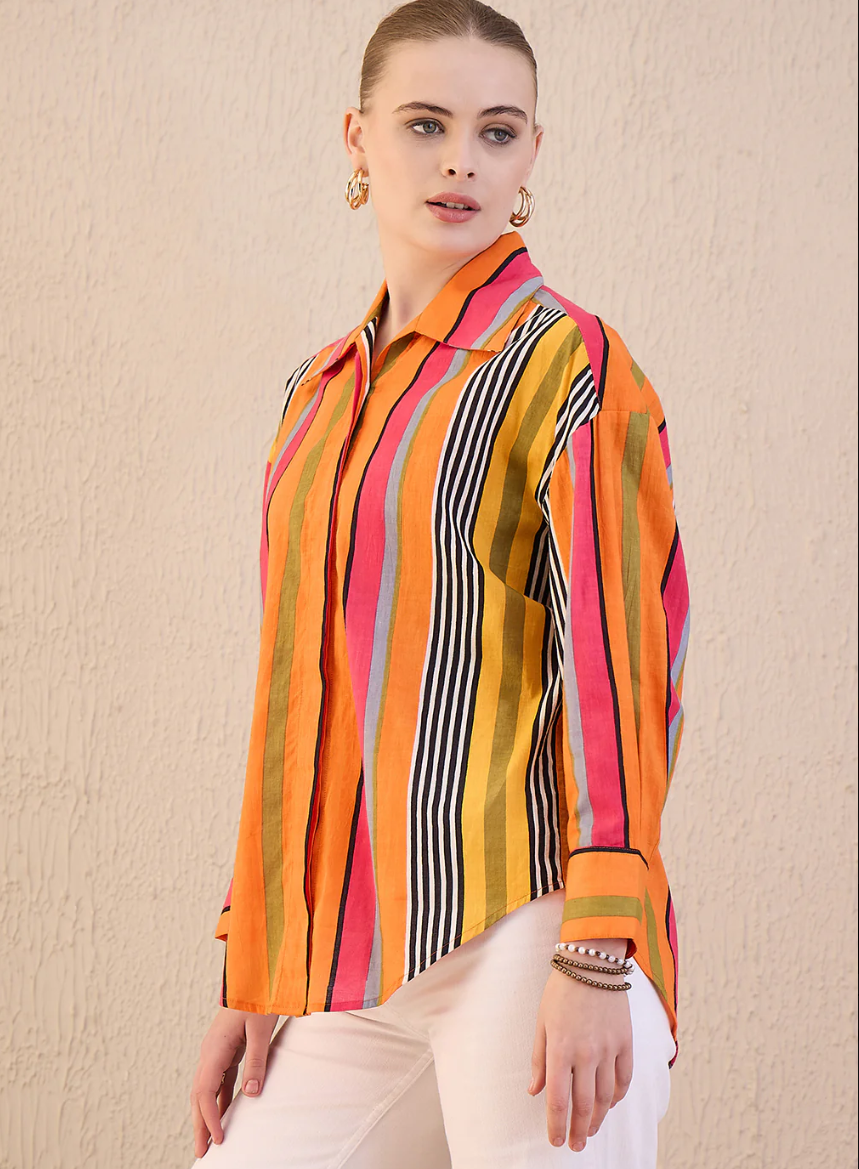 Multi-Coloured Stripe Asymmetrical Cotton Shirt