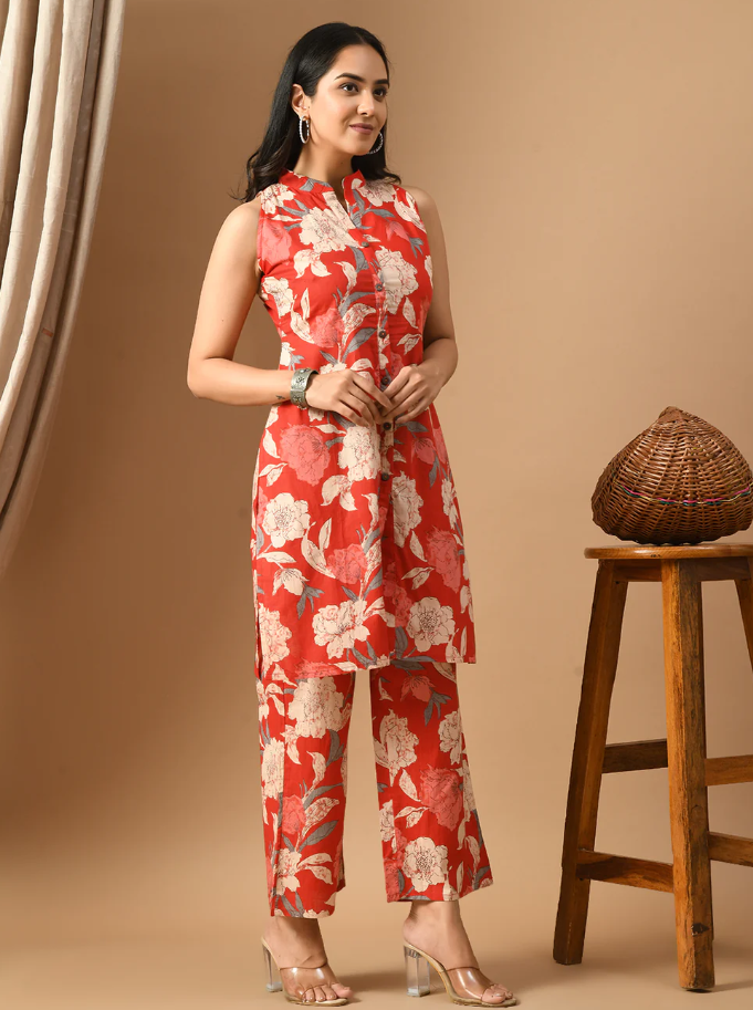 Floral Printed Regular Pure Cotton Cord Set