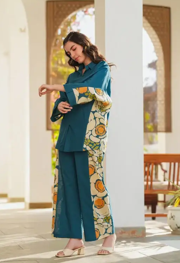 Teal Blue Cotton Printed Cord Set