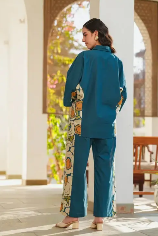 Teal Blue Cotton Printed Cord Set