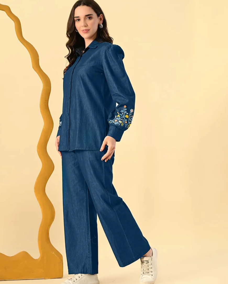 Floral Embroidery  Denim Cord Set