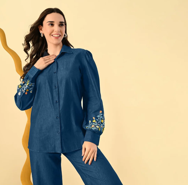 Floral Embroidery  Denim Cord Set