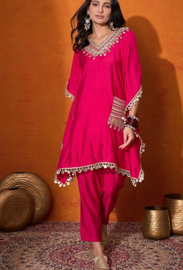 Mirror Work Kaftan  Silk Cord Set