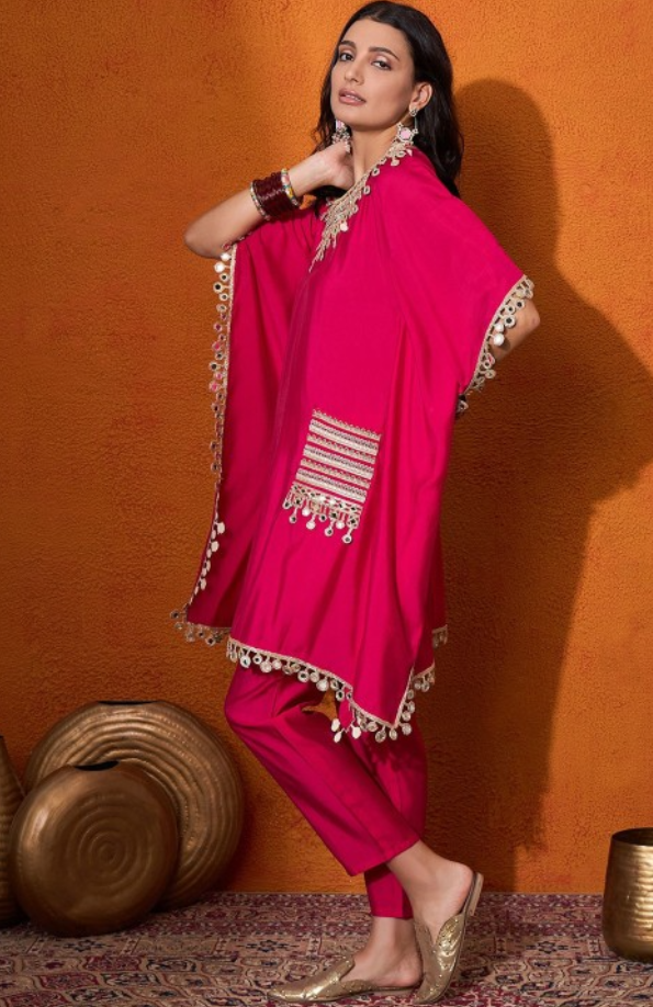 Hot Pink Mirror Work Kaftan Silk Cord Set