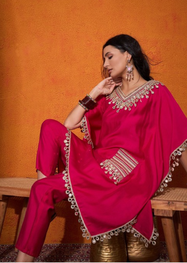 Mirror Work Kaftan  Silk Cord Set