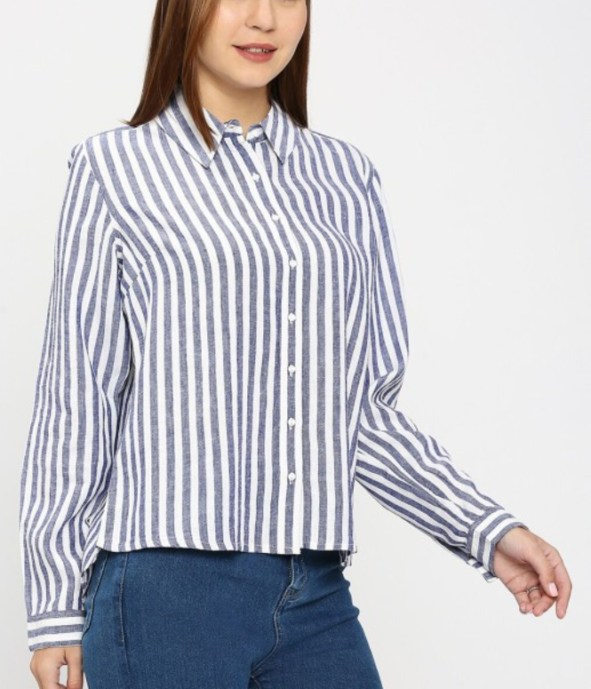 Women Grey Striped Cotton Shirt